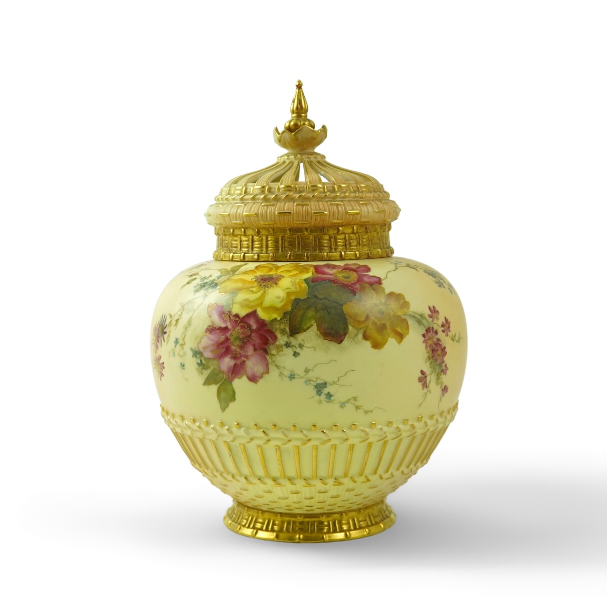 A Royal Worcester blush ivory pot pourri, cover and liner, c.1896